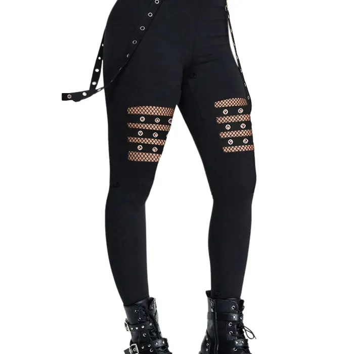 2026DRESSLILY Women's Gothic Pants Hollow Out Solid Color Gothic Pants Grommet Chain Embellishment High Waisted Long Skinny Pants