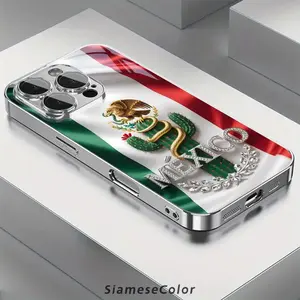 A glass phone case with Mexican flag diamond badge, Suitable for iPhone 11, 12, 13, 14, 15, 16, 17 PIUS, Pro, and Promax