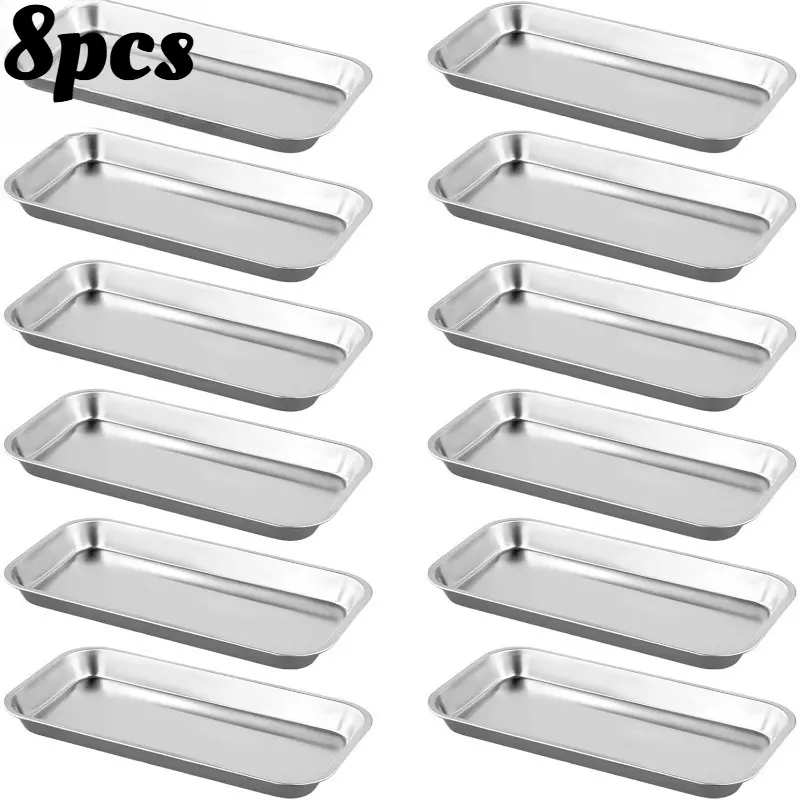 8pcs Set Stainless Steel Tray, Dental Surgical Tray, Laboratory Instrument Organizing Tray, Seamless Edge Design, Suitable for Laboratory Dental Tattoo Instruments, Silvery Flat Type
