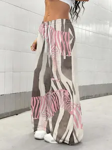 Trendy Loose Fit Drawstring Pants, Striped Zebra Pattern Design, Casual All-Season Wear, Perfect for Daily & Street Style