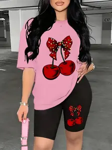 Women's Cherry Bowknot Print Short Sleeve T-Shirt and Cycling Shorts Set, Casual Home Wear, Fitted Regular Length, Unlined