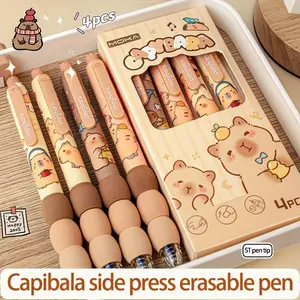 Cute Capybara Design Erasable Gel Ink Pen, 4 Counts 0.5mm Extra Fine Point Retractable Quick-Drying Lightweight Rollerball Pen Set with Built-In Eraser