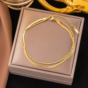 14K Gold Plated Stainless Steel Herringbone Snake Bracelet Bead Adjustable T31