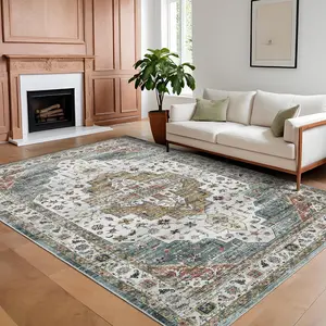 【GARVEE】Area Rugs 10x13 Large Machine Washable Oriental Carpet for Living Room, Non-Slip Vintage Floor Carpet, Stain-Resistant Soft Low Pile Distressed Accent Rugs for Bedroom, Camel Green
