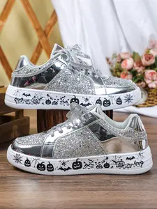 Men's Fashion Versatile Shiny Sequin Trick or Treat Halloween Elements Spider, Skull, Bat, Pumpkin Casual Sneakers, Breathable Lightweight Low-Top Skateboard Shoes, Suitable for Party, Halloween Christmas Gifts, Black Friday Carnival,  Vacation Travel