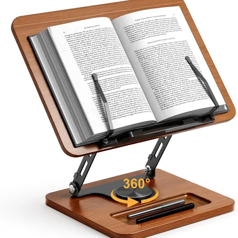 Book Stand for Reading, 360 Rotating Hands Free Book Holder, Adjustable Height and Angle, Page Clip for Cookbook, Recipe, Magazine, Laptop,Tablet, Foldable for Kitchen, Office, School