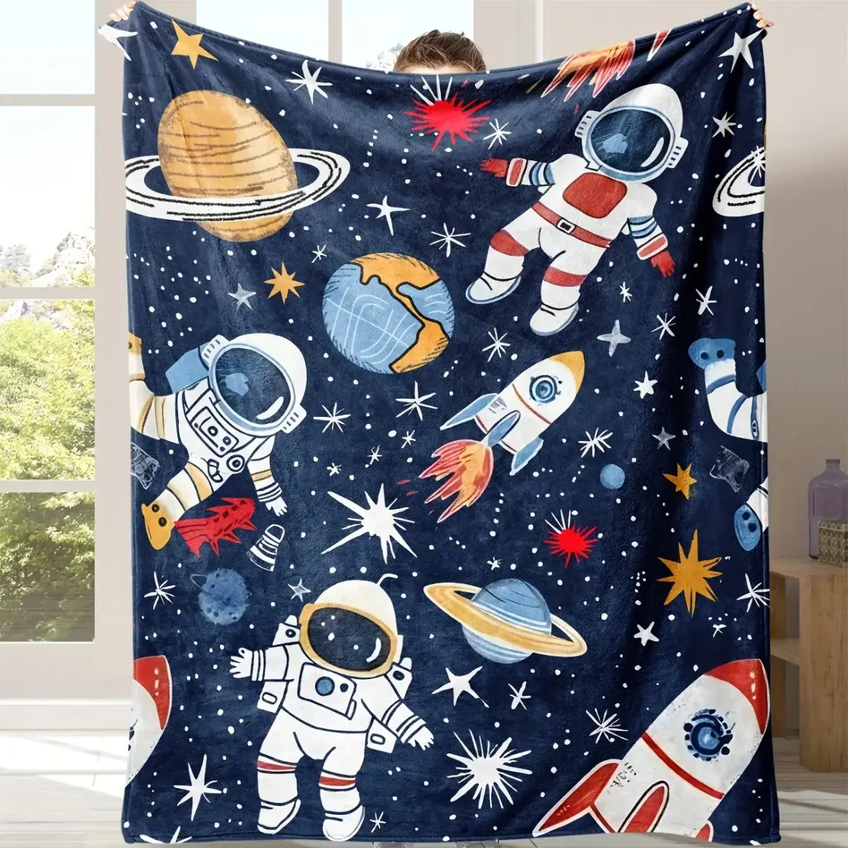 【Flannel Blanket】Cozy Astronaut Blanket - Soft Flannel Fleece Space-Themed Bedspread with Planets & Rockets, Lightweight All-Season Throw Suitable for Bed, Sofa, Travel, Camping, & Room Decor