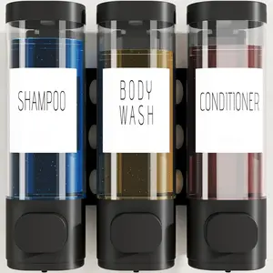 Shampoo and Conditioner Dispenser for Shower Wall, Shower Soap Dispenser 3 Chamber No Drill Wall Mounted, 10.2 OZ Plastic Refillable  Wash Bottles for Bathroom (Black)