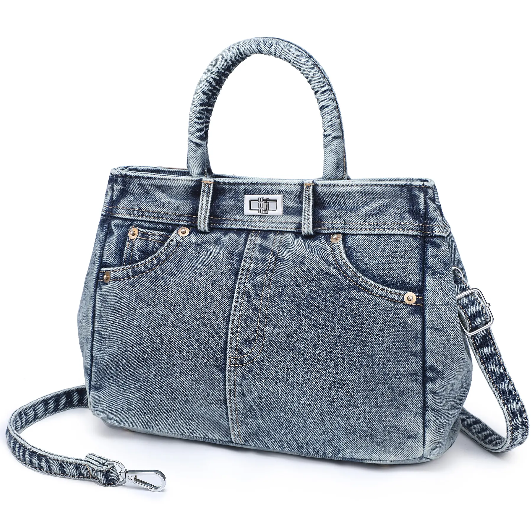 Trendy Denim Crossbody Bag Lightweight Satchel Shoulder Purse Handbag for Women w/Turn-Lock/Long Strap/Top Handle