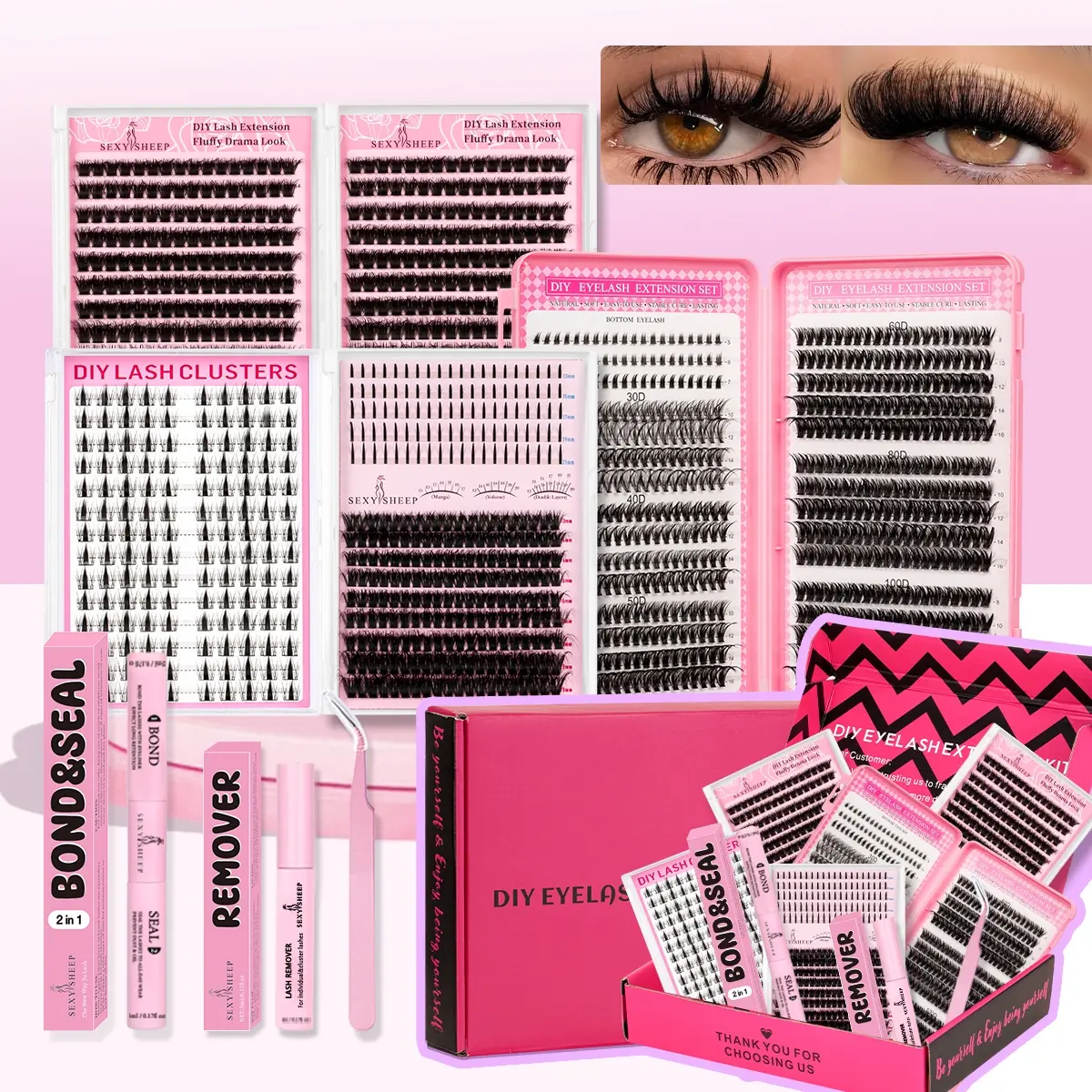 DIY Volume Lash Clusters Kit , DIY Lash Extension Kit D CURL, Fluffy Drama Look, Eyelash Extensions with Lash Bond and Seal Tweezers, Eye Corner Eyelashes, DIY Dramatic Lashes