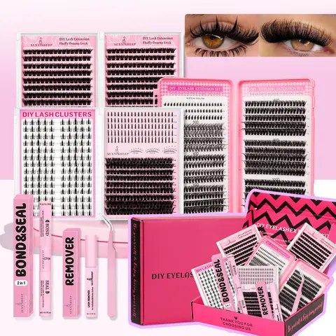 Mixed Length Individual Voluminous False Eyelashes Kit, Dense Longer Lashes DIY Eyelash Extensions with Accessories, Bond & Seal & Remove & Eyelash Tweezers & Brush, Self Grafting Curling Eyelashes for Women, Makeup Products