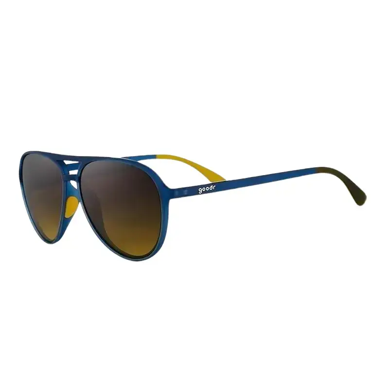 goodr Frequent Skymall Shoppers Large Size (Mach G) Translucent Dark Blue Frame with Gray Yellow Ocean Lens, UV400, No Slip No Bounce No Tangle
