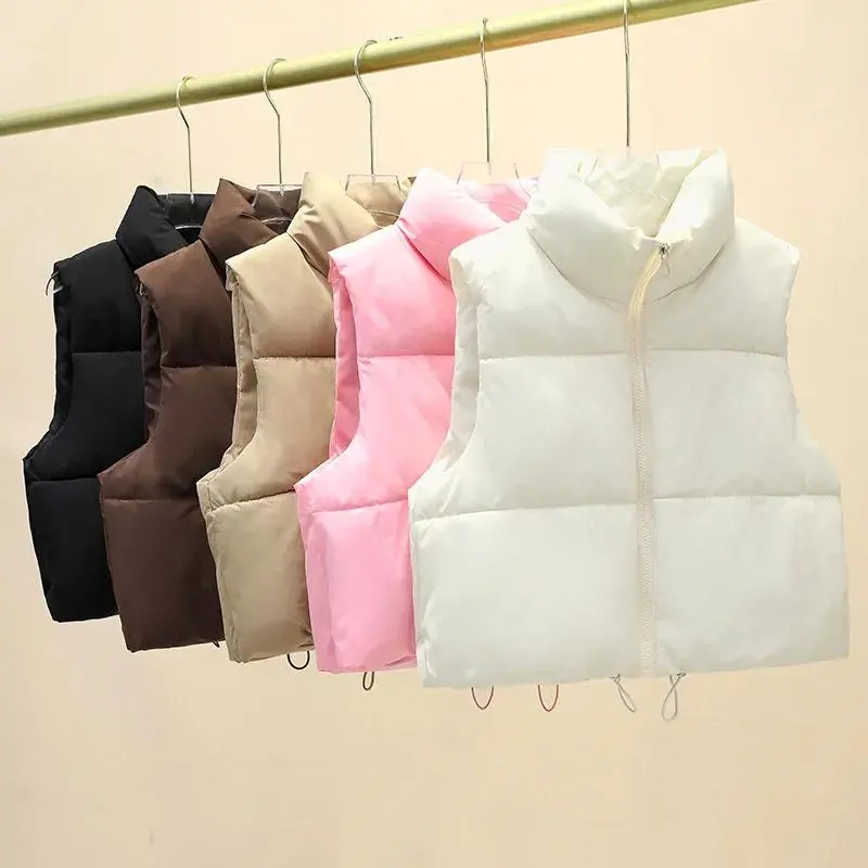 Winter Short Cotton-Padded Sleeveless Vest Women Warm Stand Collar Zipper Jacket Casual Fashion Quilted Cropped Coats Outerwears Womenswear Tops Clothes Clothing Piece Gamis used with raincoat