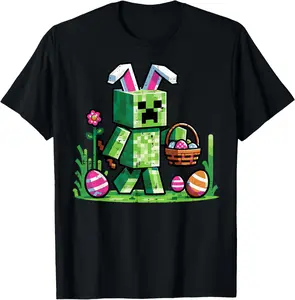 Easter Pixel Gaming Bunny Egg Hunting T-Shirt for Men Soft Lightweight Spring Casual Tops Family Gathering Holiday Gift Menswear Tee