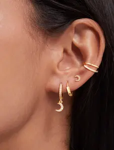 Dearmay Gold 4-Pair Earrings (Zircon Moon, Smooth Hoop, Stud, Clip-On) & 3-Piece Ear Cuffs (Twist, Wide Smooth, Zircon) – Women’s Trendy Jewelry – Ideal Gift for Birthdays/Holidays