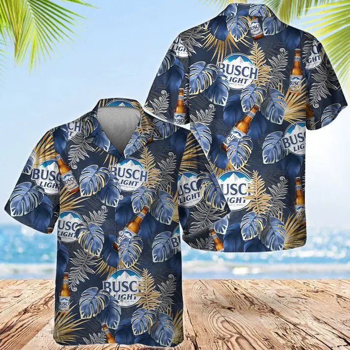 Busch Light Palm Leaves Print Hawaiian Shirt – Tropical Beer Button Down Shirt for Men | Summer Vacation or BBQ Outfit | Funny Drinking Beach Shirt | Perfect Gift for Beer Lovers, Husband, Boyfriend, or Dad Who Loves to Chill
