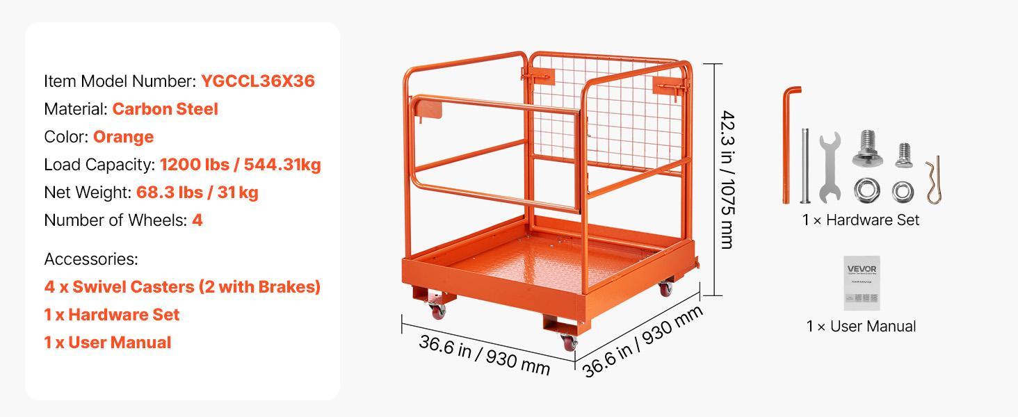 VEVOR Forklift Safety Cage, 36.6 x 36.6 Inch, Forklift Man Basket with 4 Wheels, 1200 lbs Capacity, Heavy Duty Work Platform, Collapsible Lift Basket Safety Set, for Most Aerial Jobs Lifting Loader