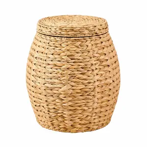 Boho Laundry Hamper, Handwoven Wicker Storage Ottoman with Lid, Multipurpose Stool & Storage Basket