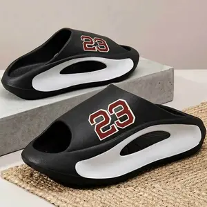 Men's Slides with 23 Print, Soft Quick-Dry Easy On/Off, Water-Resistant Non-Slip Summer Footwear, Black Walking Shoes for Indoor & Outdoor Use