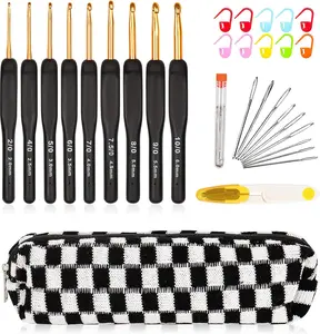 1Set Crochet Hook Set, Black Gold Crochet Hooks with Grips for Arthritic Hands, Crochets Needles Set with Knitting & Crochet Supplies, Ideal Gift for Crocheting Beginner Lover summervibes