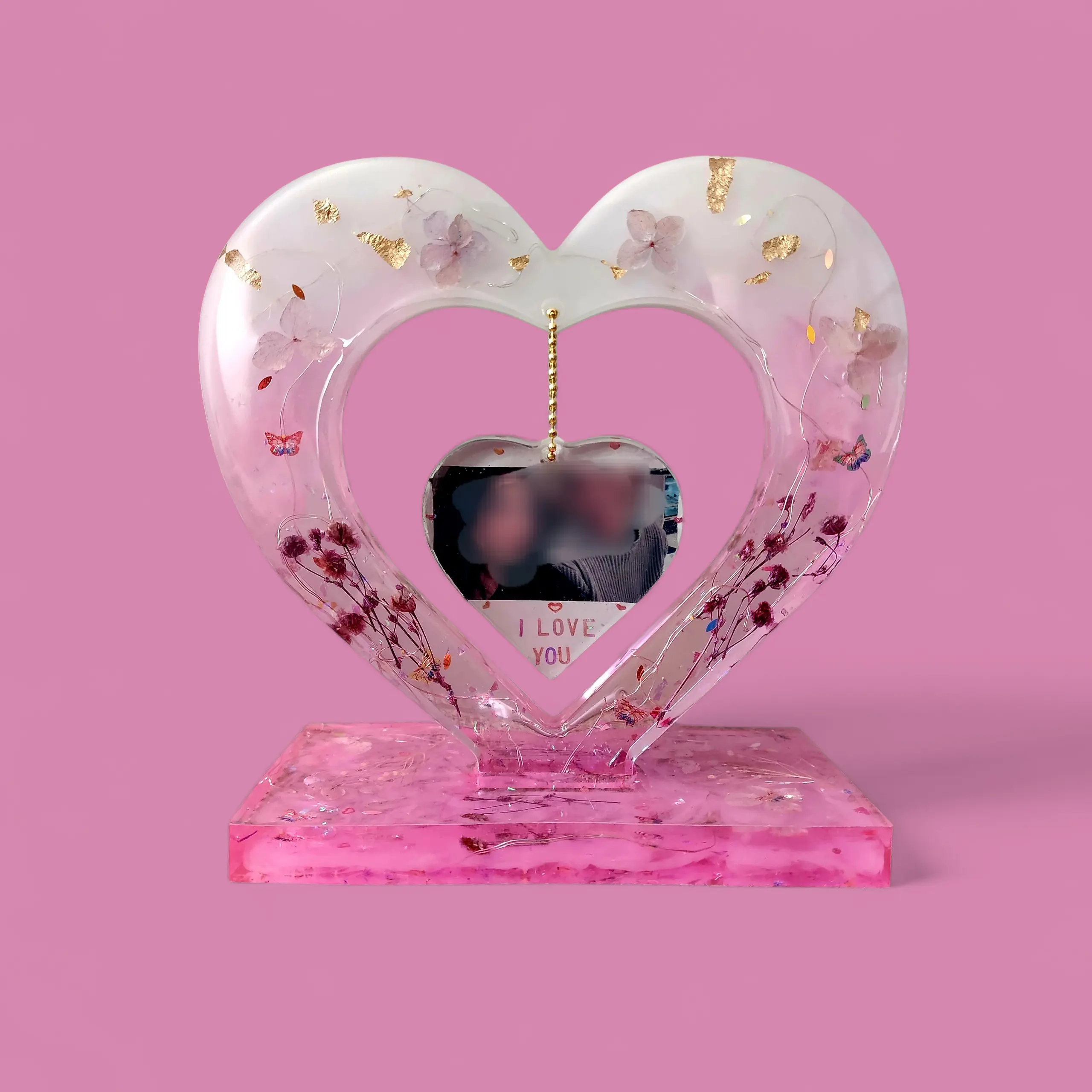 Epoxy Resin Hearts with Dried Flowers Gold Flakes & Fairy Lights Customizable Photo Frame for Anniversaries Weddings or Gifts
