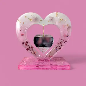 Epoxy Resin Hearts with Dried Flowers Gold Flakes & Fairy Lights Customizable Photo Frame for Anniversaries Weddings or Gifts