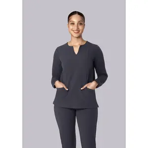 Long Sleeve Notch Neck Top Pewter