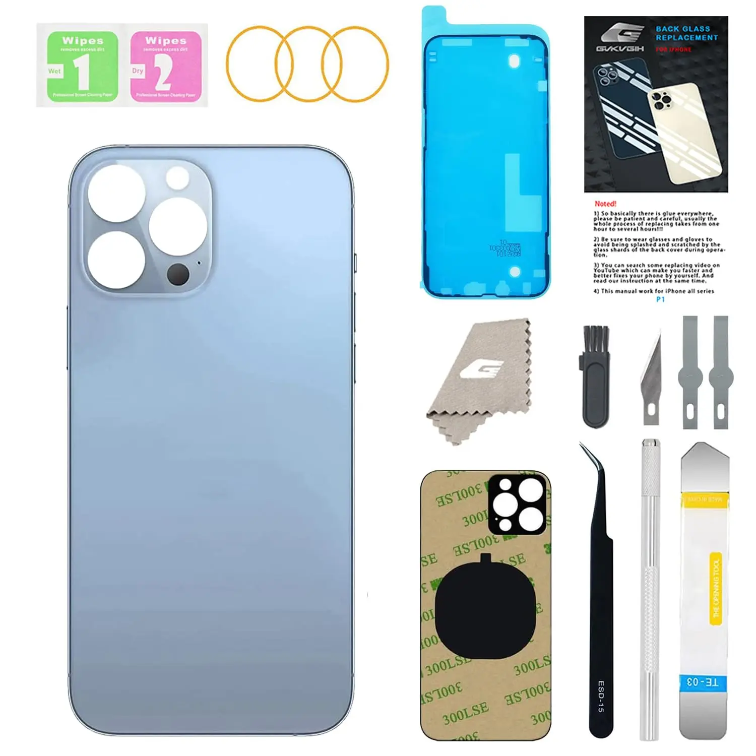 GUPFIX Back Glass Replacement for iPhone 13 Pro with Pre-Installed Adhesive & Repairing Tool Kits, Big Hole Rear Back Cover Glass Replacement