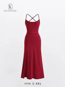 Elengatine Women's Backless Maxi Dress – Spaghetti Strap Bodycon Fit, Criss Cross Lace-Up Back, High Slit Design, Soft Stretch Fabric  Elegant Style Outfit Polyester Casual Evening