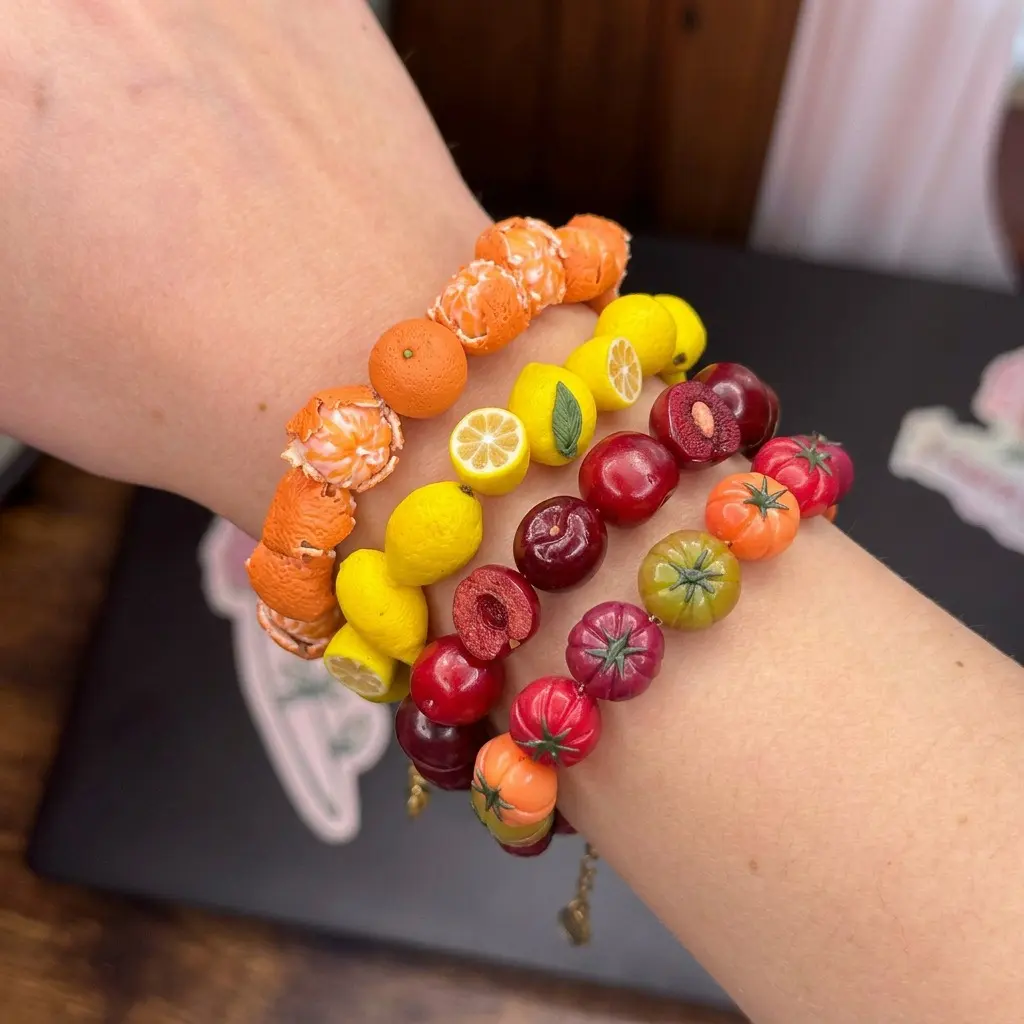 Ins Style Cute Imitation Fruit Beaded Bracelet Apple Lemon Blueberry Orange Charms Fun Dainty Teen Girls Wrist Jewelry