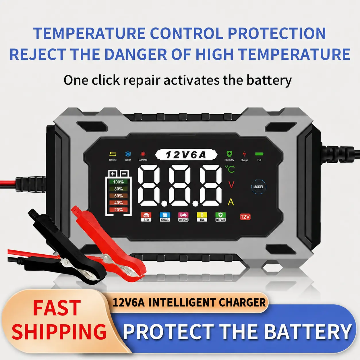 12V6A Smart Battery Charger Maintainer & Trickle Charger for LiFePO4 Lead Acid Batteries for Motorcycle Car Truck Lawnmower Boat car battery charger automatically stops when fully charged
