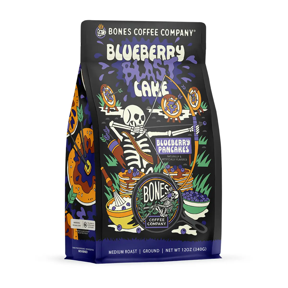 Bones Coffee Company Blueberry Blast Cake Blueberry Pancakes Flavored Gourmet Coffee Arabica Beans | 12oz Beverage Sugar Roast