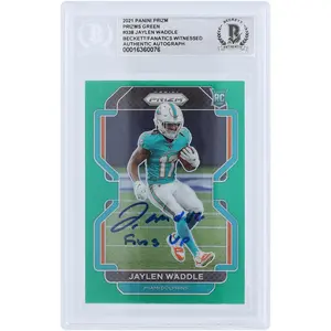 Jaylen Waddle Miami Dolphins Autographed 2021 Panini Prizm Green Prizm #338 Beckett Fanatics Witnessed Authenticated Rookie Card with "Fins Up" Inscription - Fanatics Authentic Certified