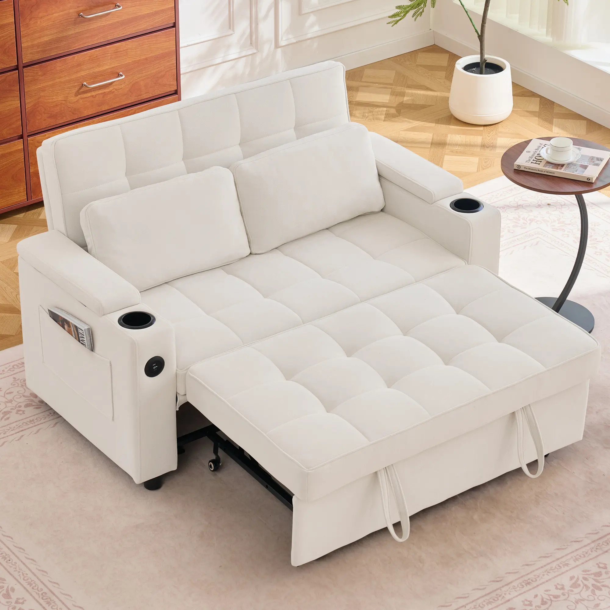 Korser 55.5-Inch 3-in-1 Convertible Chenille Sofa Bed, Pull-Out Double Couch With 5-Position Adjustable Backrest & Cup Holders, Ideal For Small Apartments & Living Room