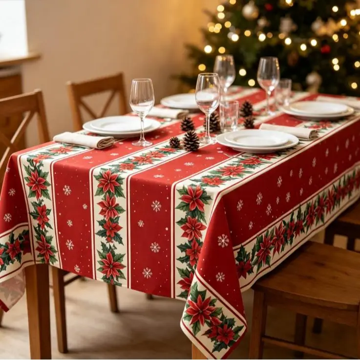 Red Holly Snowflake Holiday Table Decor,Vintage Christmas Poinsettia Table Runner, Seasonal Xmas Table Runner For Family Dinner Home Party Gathering