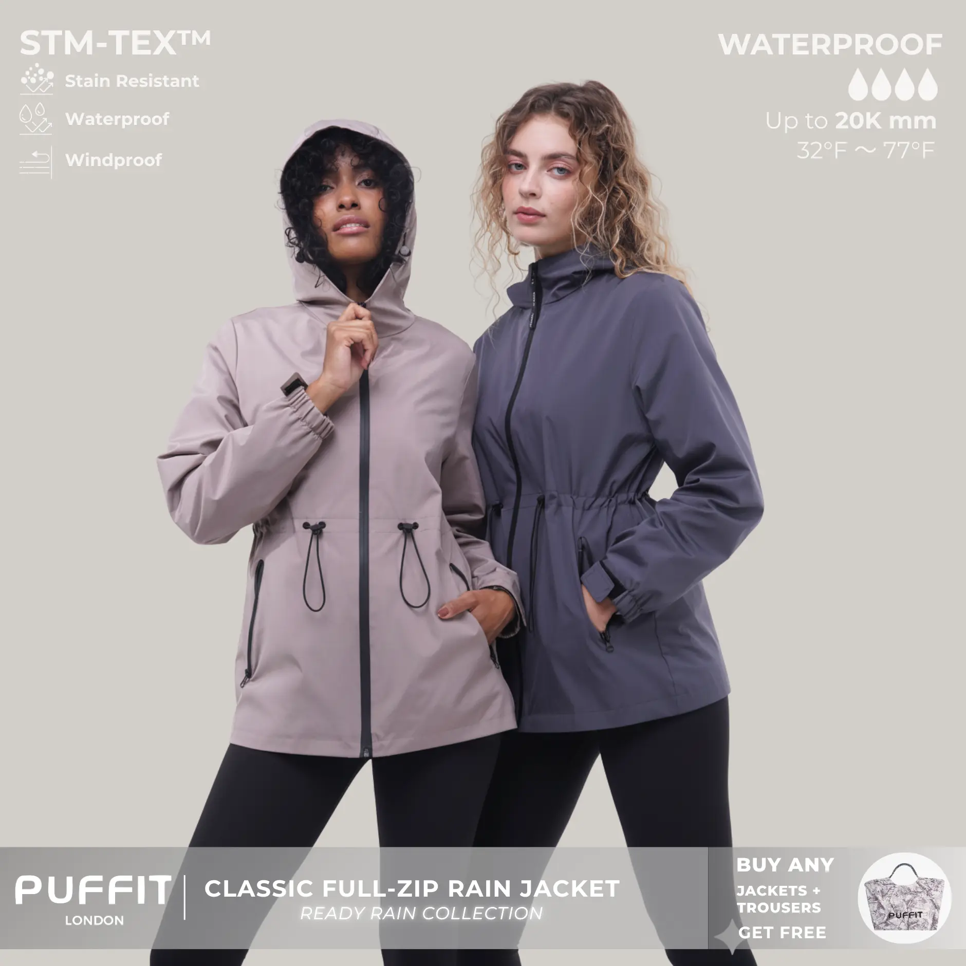 PUFFIT STM-TEX Waterproof Lightweight Hoodie Jacket,Women's Warm Full Zip Rain Coat Adjustable Waist & Hood & Cuff Design Comfort Casual Inner Pocket,Outdoor,Shell Jacket,Windbreaker,Dog Walking,School Running,Womenswear,Winter Fall Jacket,2026 Shopping