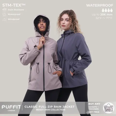PUFFIT STM-TEX Waterproof Lightweight Hoodie Jacket,Women's Warm Full Zip Rain Coat Adjustable Waist & Hood & Cuff Design Comfort Casual Inner Pocket,Outdoor,Shell Jacket,Windbreaker,Dog Walking,School Running,Womenswear,Winter Fall Jacket,2026 Shopping