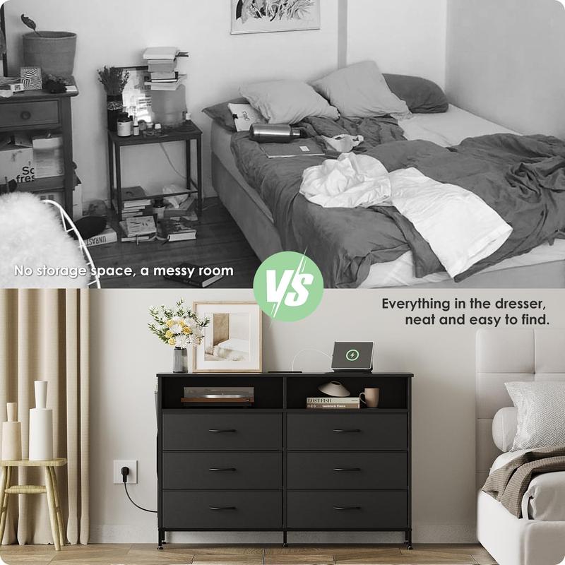 6 Drawer Dresser for Bedroom with LED Lights and Charging Station, Modern Wood Dressers with Extra Side Bag, Double Wide Drawer Cabinet TV Stand for up to 60" TV for Living Room (Black)