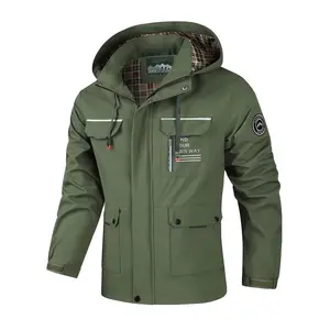 Men's Spring and Autumn Casual Work Jacket Military Green Beige Multi Pocket Detachable Hoodie Lightweight Practical Windbreaker - Long Sleeve
