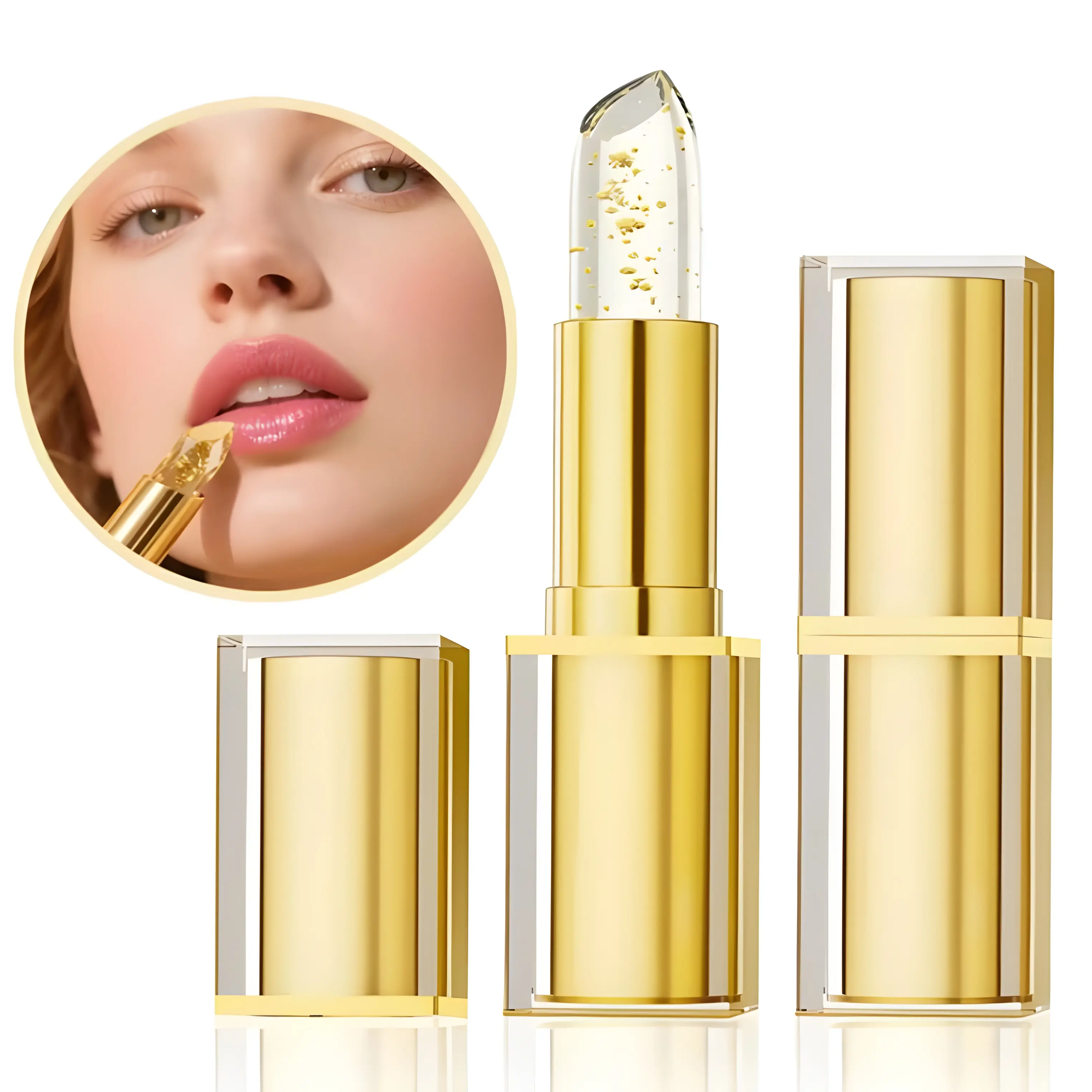 Color-Changing Transfer-Proof Lipstick Multi-Pack - 01#Gold Foil Crystal Shiny Lip Balm, Moisturizing Smooth Long-Lasting Lip Care, Hydrating Glowing Makeup with Bling Effect Cosmetic Highlighter, Tinted Balm, Lipgloss, Glossy Lips