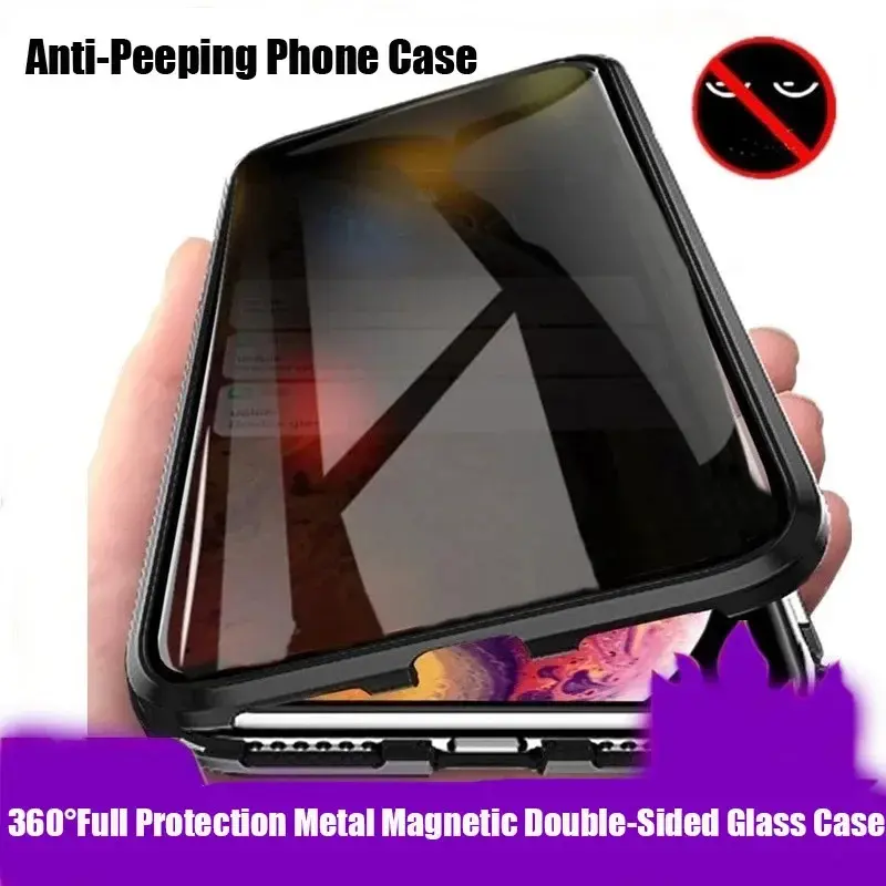 360 ° full protection metal magnetic prevent peeping phone case for iPhone 16 15 14 plus 13 12 11pro Max double sided glass cover