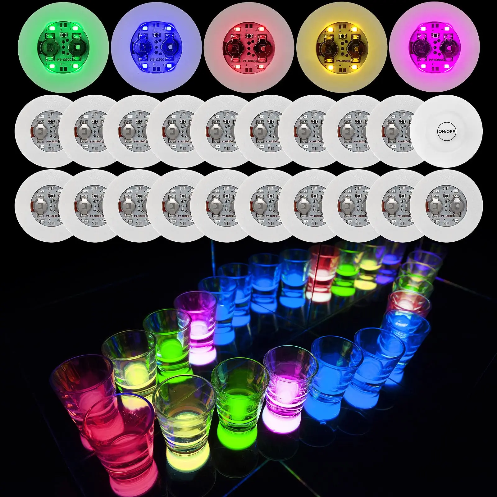 LED Coaster, 25 Pack LED Cup Holder Lights, Colorful Liquor Bottle Light Stickers Coasters, Flash Light Up Bar Coaster for Club, Bar, Party, Wedding Decor