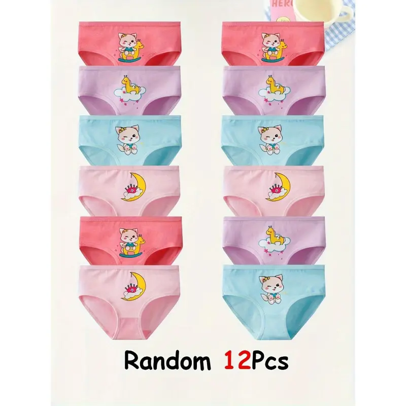 Girls' Elastic Knit Basic 12-Piece Casual Underwear Set - Plaid, Cartoon Graphic, Rayon Blend, Mid Rise, Brief Cut, Breathable, for 12 Years & Below, All Seasons, Hand Wash Only, Do Not Dry Clean, 12 Years And Below