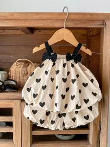 Summer Baby Girls Sleeveless Bowtie Dual Layer Top, Cute Heart Pants 2 Piece Set for Infant Fashion, Comfortable and Stylish, Baby Clothing