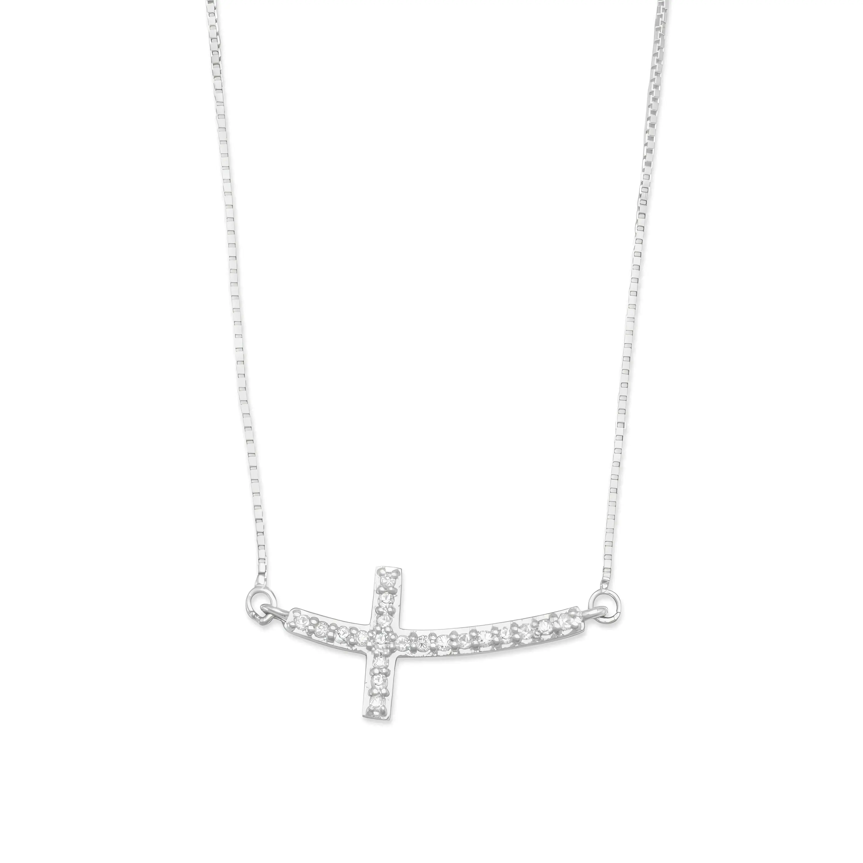 Diamond Sideways Cross Necklace Rhodium Plated 925 Sterling Silver 0.10ctw 18+2"