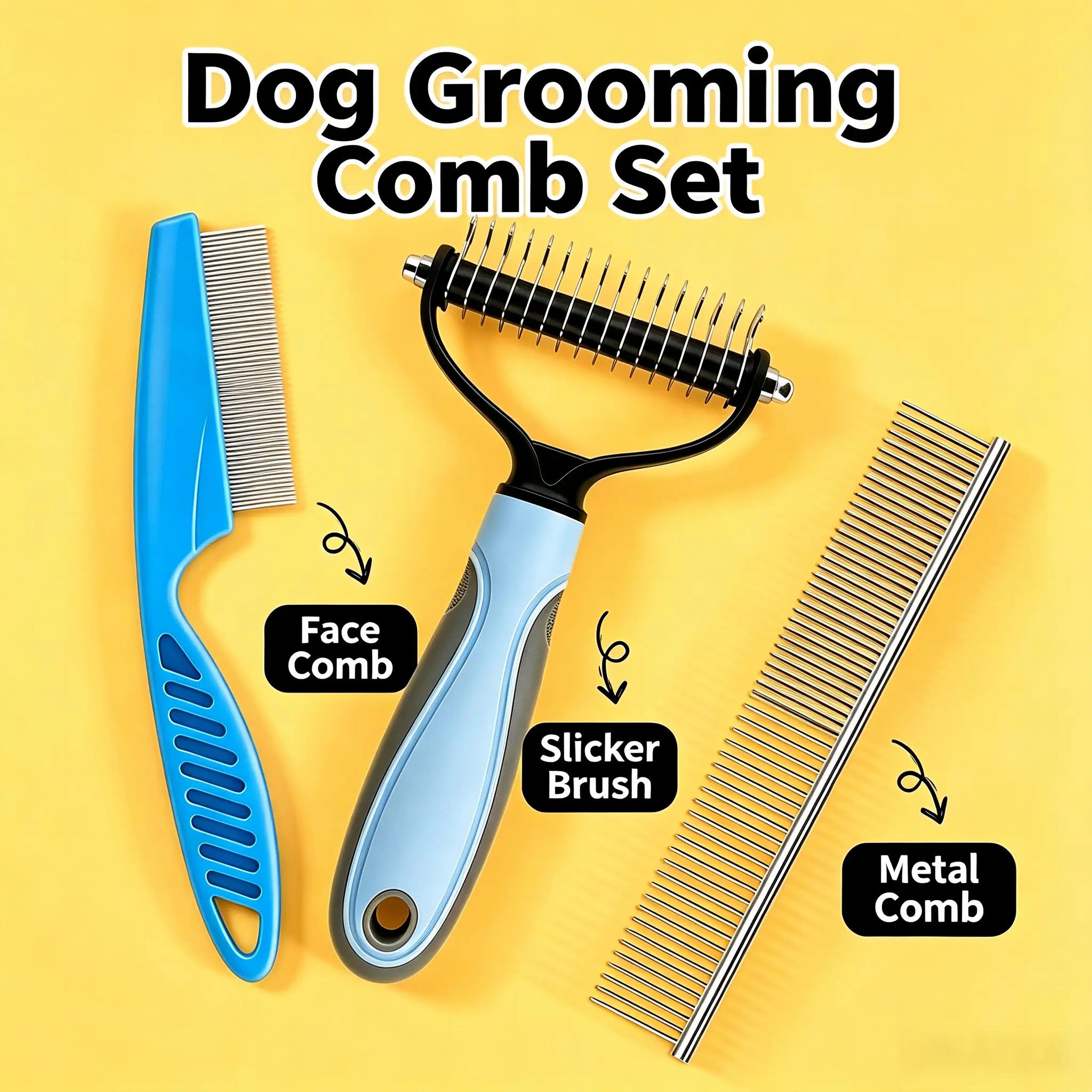 Stainless Steel Dog & Cat Grooming Combs Set, 3 In 1 Pet Grooming Kit: Wide Tooth, Fine Tooth & Shedding Comb, Effective Detangling Loose Undercoat Hair Removal Tools, Portable Home Grooming Supplies for Small Medium Large Dogs & All Breeds Cats