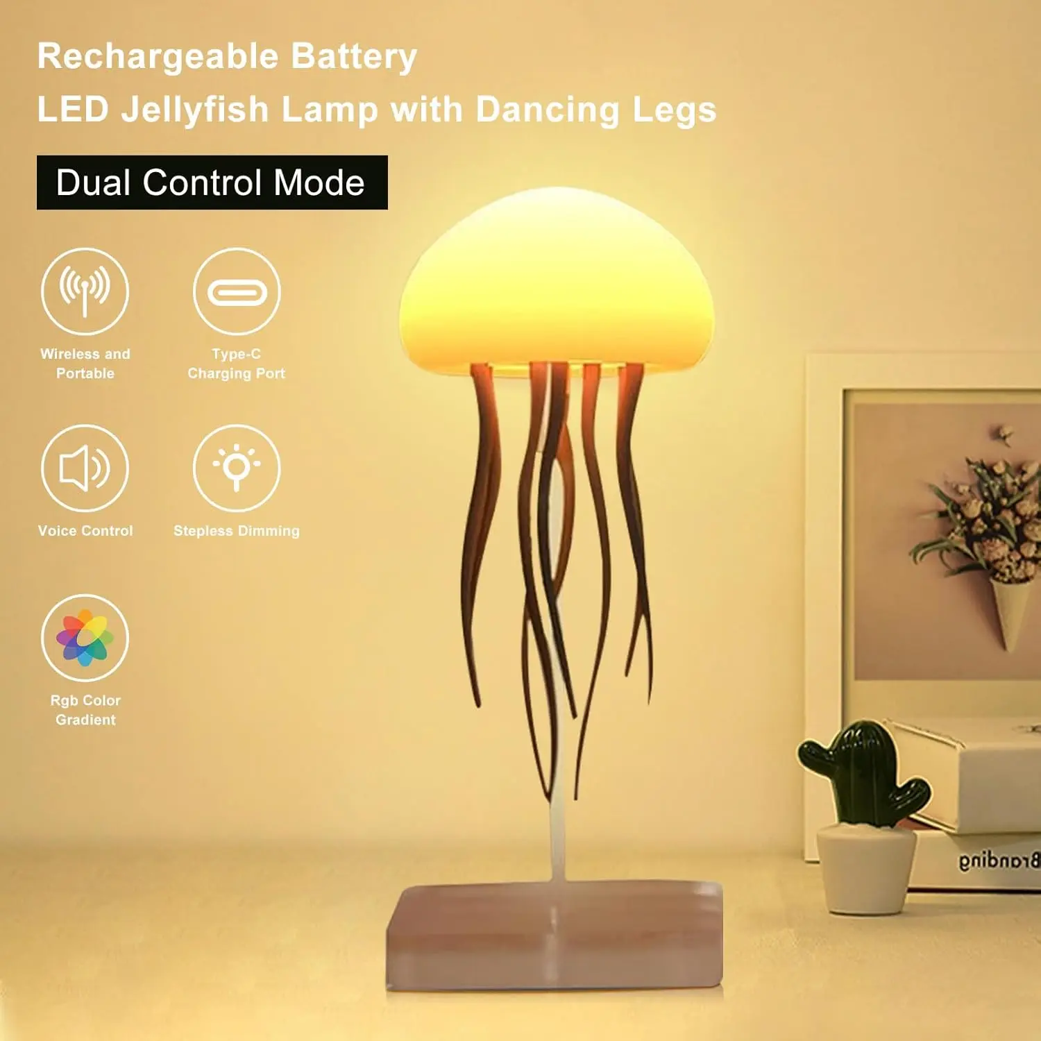 Jellyfish LED Lamp RGB Gradient Lamp with Dancing Legs and Touch Sensor Rechargeable Cute Desk Lamp for Bedrooms, Living Room (Hanging + Base)
