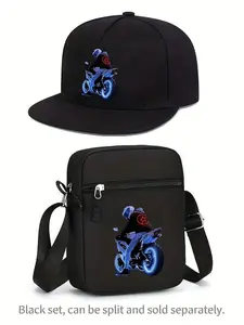 Cool Motorcycle Graphic Print Unisex Flat Brim Baseball Cap and Crossbody Bag Set, Street Fashion Outdoor Sports Hat and Shoulder Bag