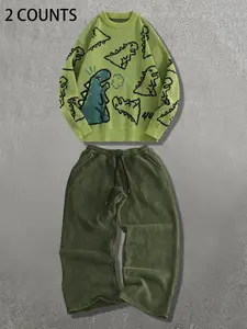 Unisex Dinosaur Print Sweater Set, Casual Street Style, Thick Knit Fabric, Loose Fit, Fall & Winter, Outdoor Warm Clothing