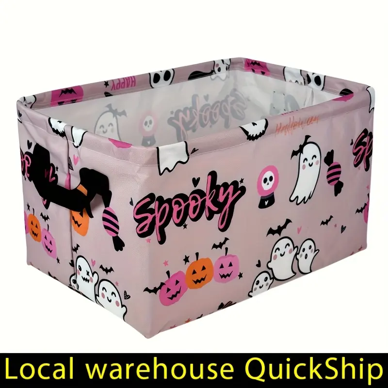 Foldable Canvas Storage Basket With Handles Halloween Cartoon Ghost Durable Bin Organizer For Nursery Kids Shelves Desks Large Halloween Gift Basket Teacher Book Laundry